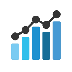 A blue bar graph with a line going up.