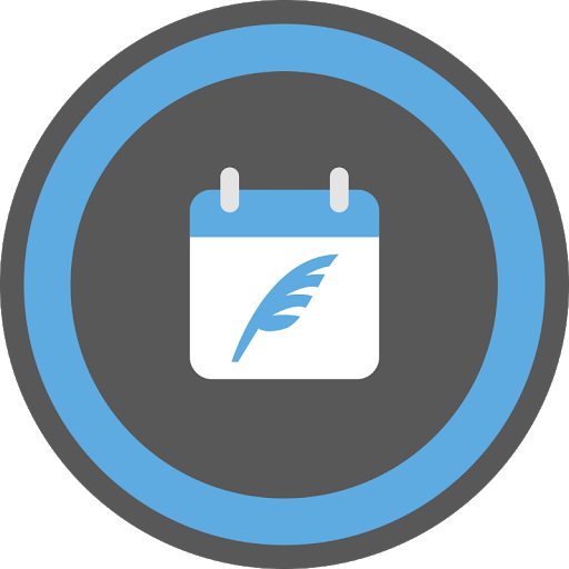 A calendar with a feather on it is in a blue circle.