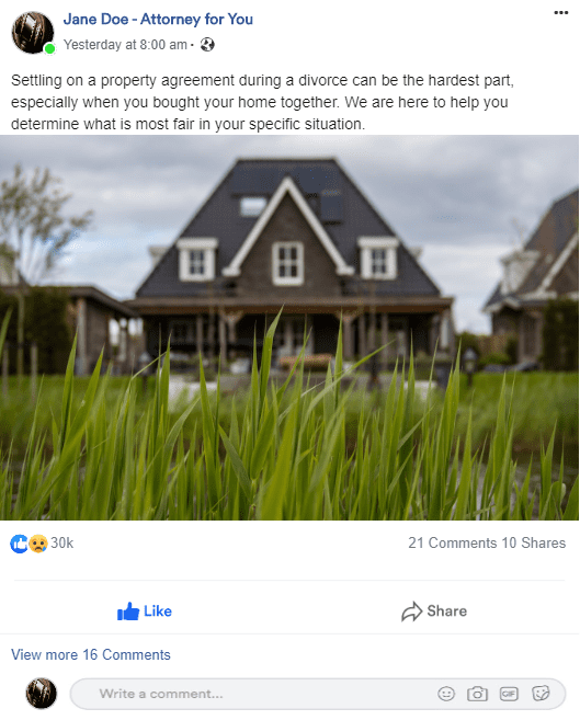 A facebook post about a property agreement during a divorce