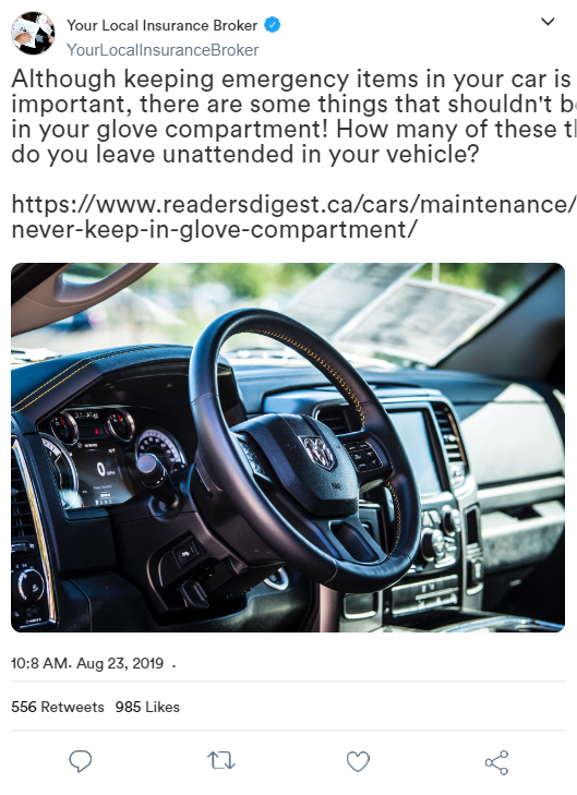 A screenshot of a tweet about emergency items in a car.