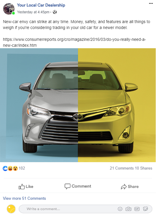 A toyota camry is shown on a facebook post.