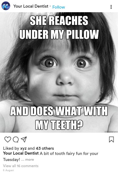 A picture of a baby with a caption that says she reaches under my pillow and does what with my teeth.