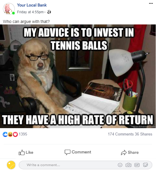 A dog wearing glasses sits at a desk with a book and says my advice is to invest in tennis balls