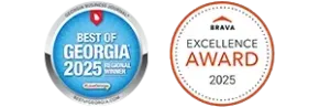 Edge Roofing displays two major recognitions: Best of Georgia award and Brava Excellence Award, highlighting trusted roofing craftsmanship and premium composite roofing performance for homes across Georgia.