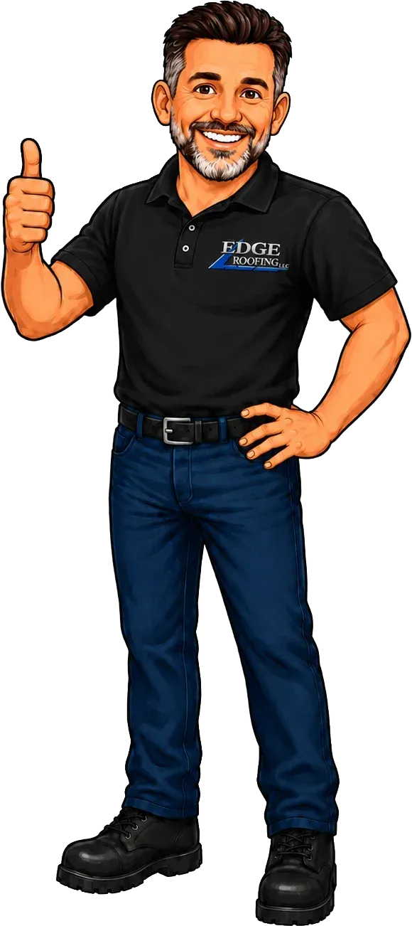 Cartoon mascot of Tom from Edge Roofing in Georgia. Smiling and giving a thumbs up in an Edge Roofing shirt.