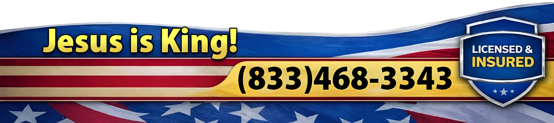 Patriotic Edge Roofing banner with licensed and insured badge and phone number (833) 468-3343.