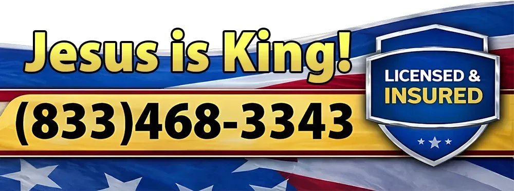 Mobile patriotic Edge Roofing banner with licensed and insured badge and phone number (833) 468-3343.