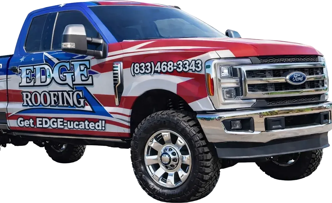 Mobile graphic of the Edge Roofing service truck with patriotic wrap and RoofsByEdge.com branding for Georgia roofing services.