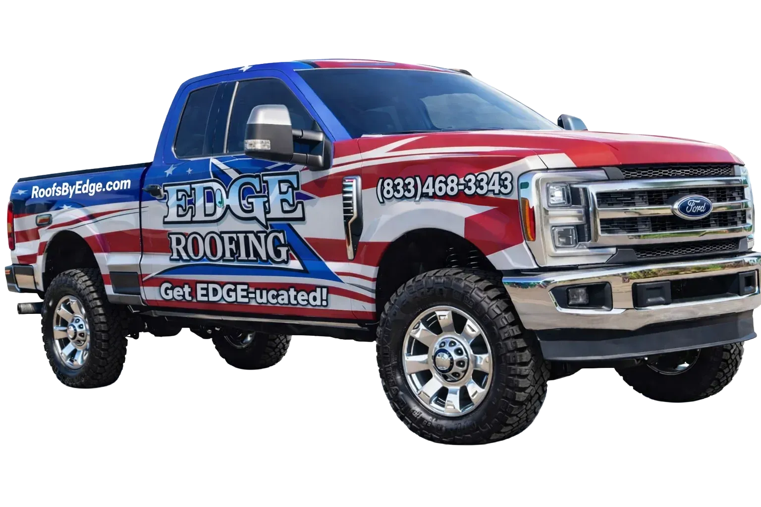 Edge Roofing service truck graphic with patriotic wrap, RoofsByEdge.com, and branding for Georgia roofing services.