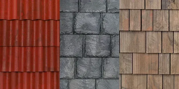 Brava Synthetic Roofing Options: Tile, Slate & Shake Composite roofing materials showcasing Brava's synthetic options: Spanish clay tiles, slate shingles, and cedar shake.