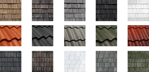Brava composite roof tile samples showcasing a variety of colors and textures, including slate, clay, and cedar shake styles, emphasizing eco-friendly roofing solutions offered by Edge Roofing, LLC.