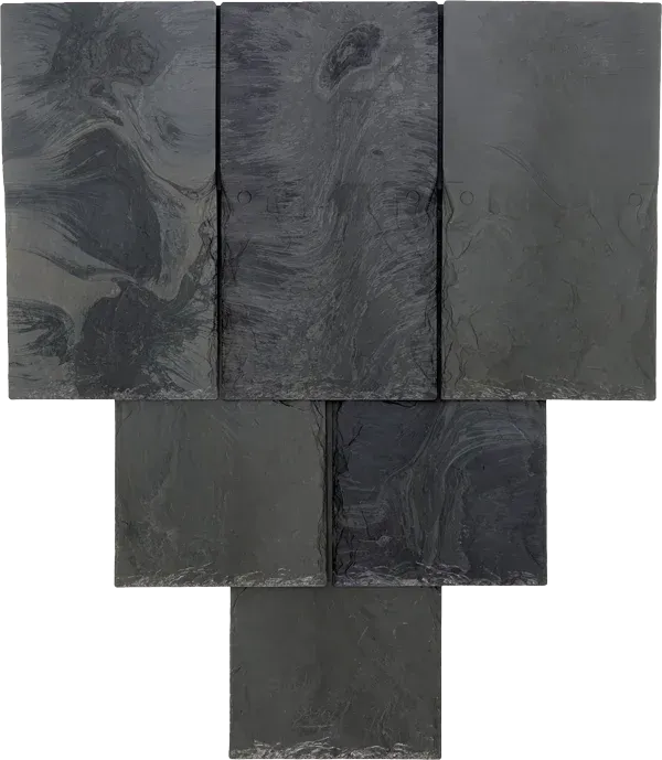 Brava composite slate roof tiles showcasing a blend of dark hues and textured patterns, emphasizing eco-friendly roofing solutions and modern aesthetics.