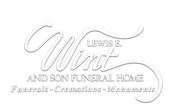 Lewis H. Vint and Son Funeral Home logo in white script with funeral and monument services text