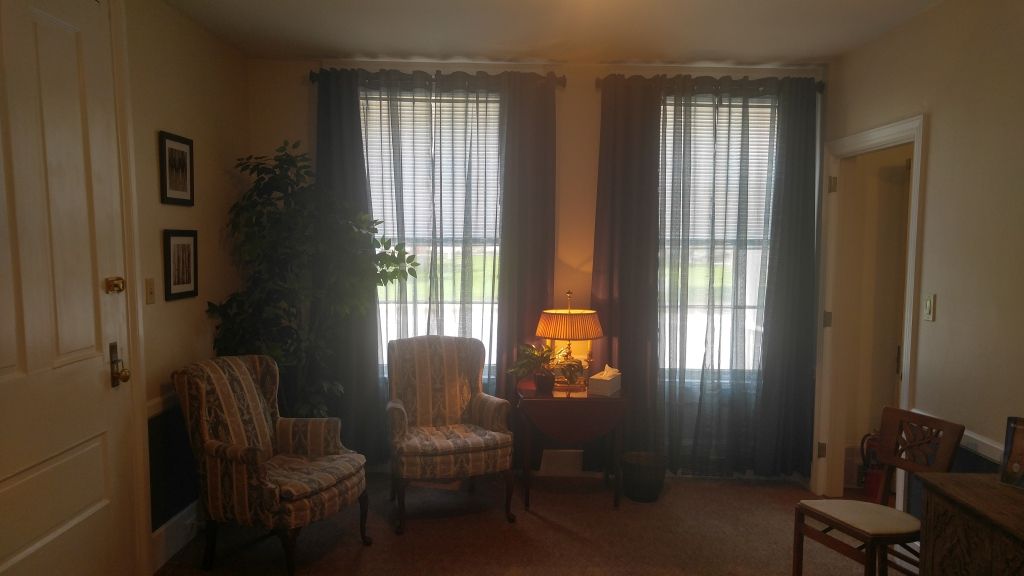 A cozy room with two windows draped in black sheer curtains, two patterned armchairs, a small table with a lamp, and a large potted plant.