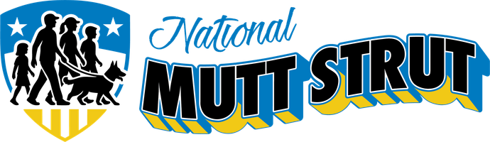 A logo for the national mutt strut with a family and a dog