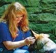 A woman is brushing a dog 's ear in front of a stone wall.