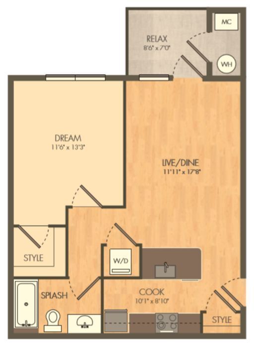 A floor plan of a one bedroom apartment