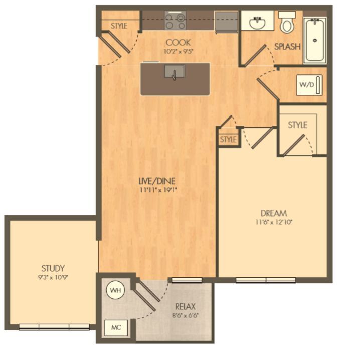 A floor plan of a house with a kitchen and a bedroom