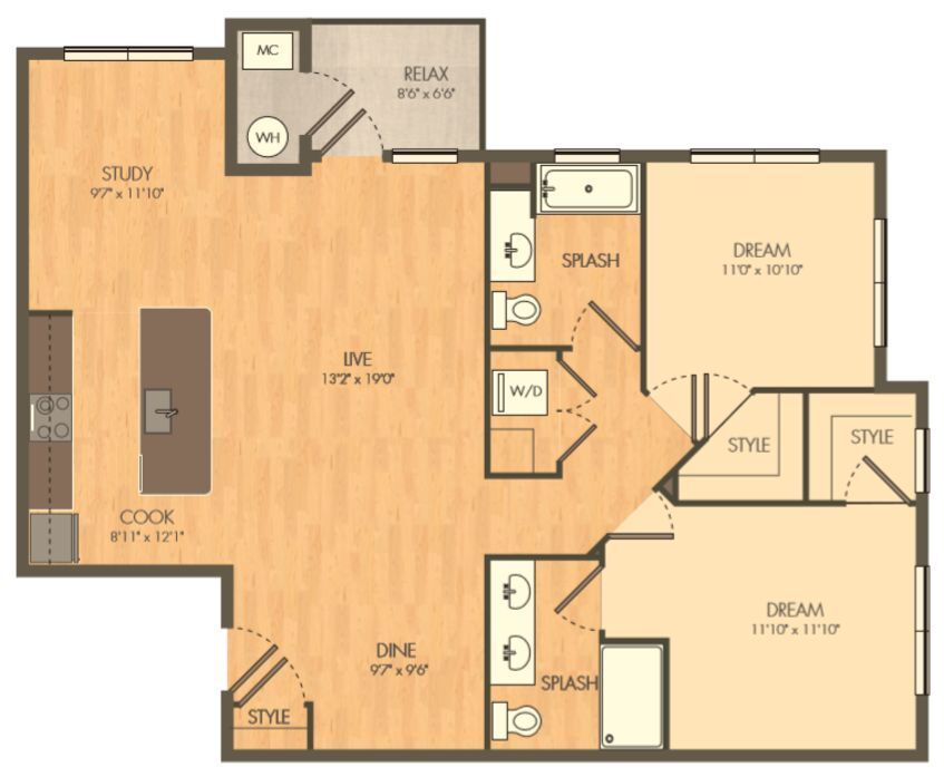 A floor plan of a house with two bedrooms and a kitchen