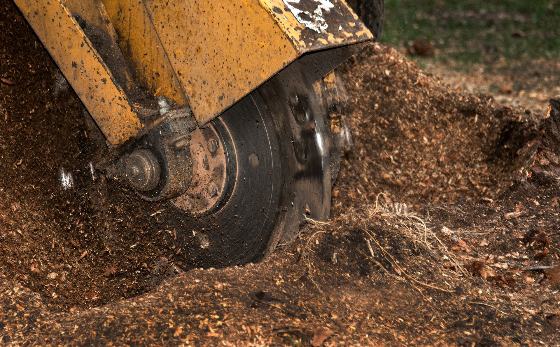 Bulldozer wheel grinding through dirt, kicking up dust and wood chips