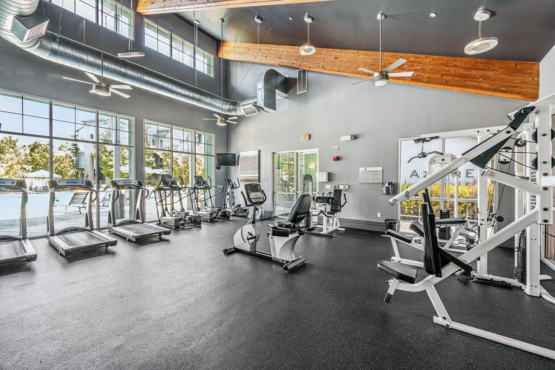Gym with treadmills, stationary bikes, and weight machines; large windows, gray walls, black floor.