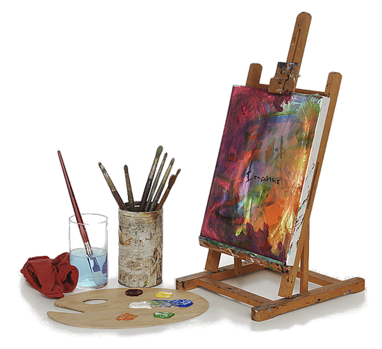An easel with a painting and brushes on it