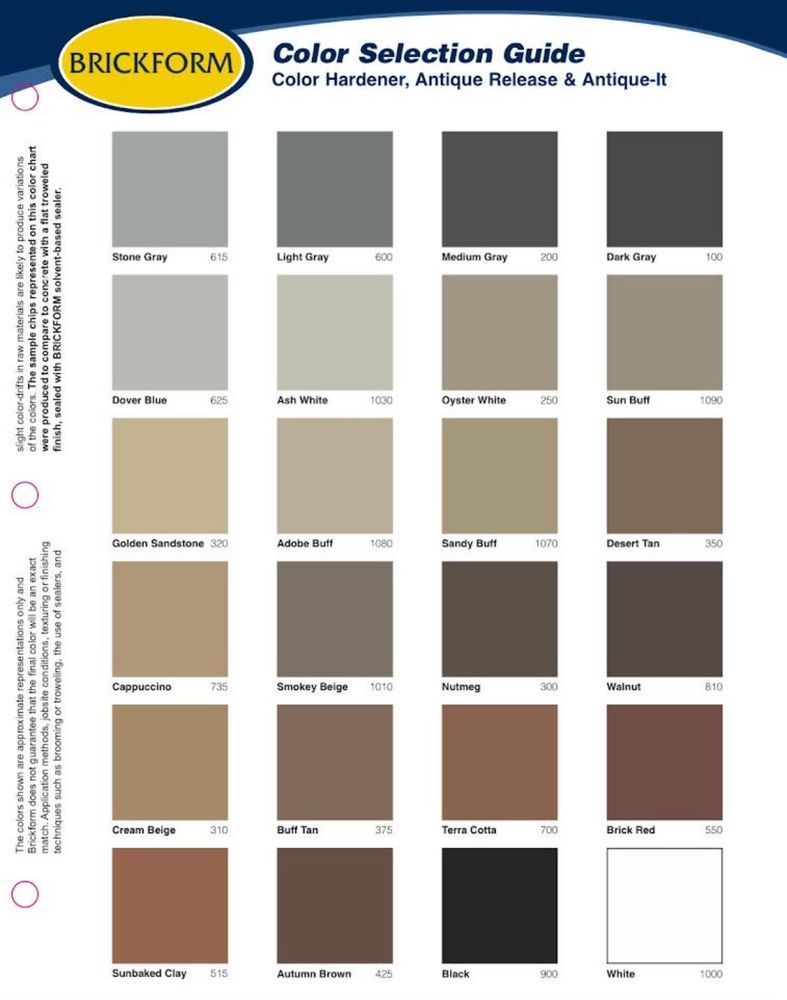 Color selection guide for Brickform products showing a range of colors for concrete.