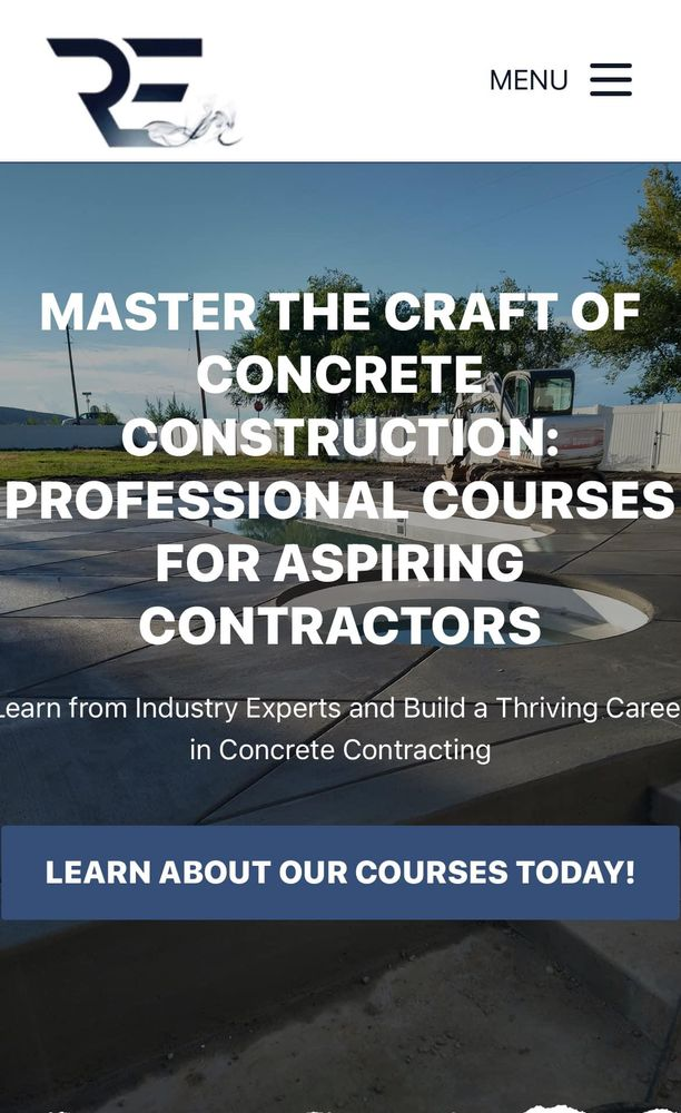 Website promoting concrete construction courses with a construction site background.