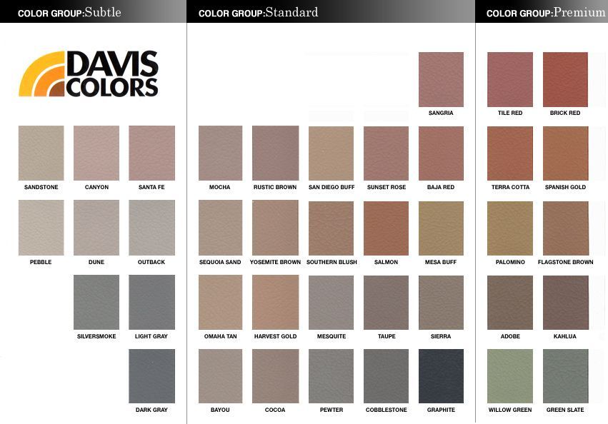 Color chart by Davis Colors displaying various concrete colors in three color groups.