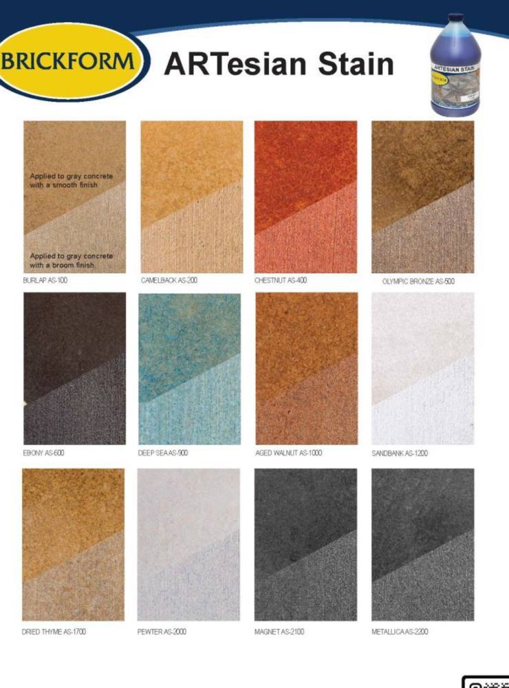 BRICKFORM ARtesian Stain color chart showing various colors on concrete.