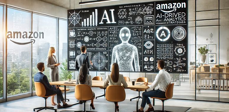 People in a meeting room, looking at a large screen with AI diagrams and the Amazon logo.