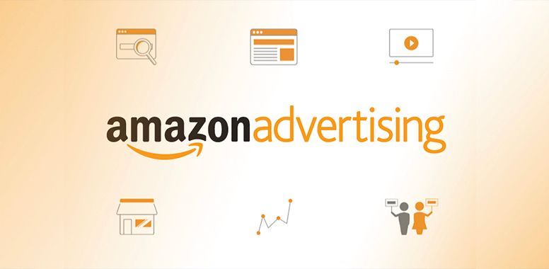 A logo for amazon advertising with icons on a white background.