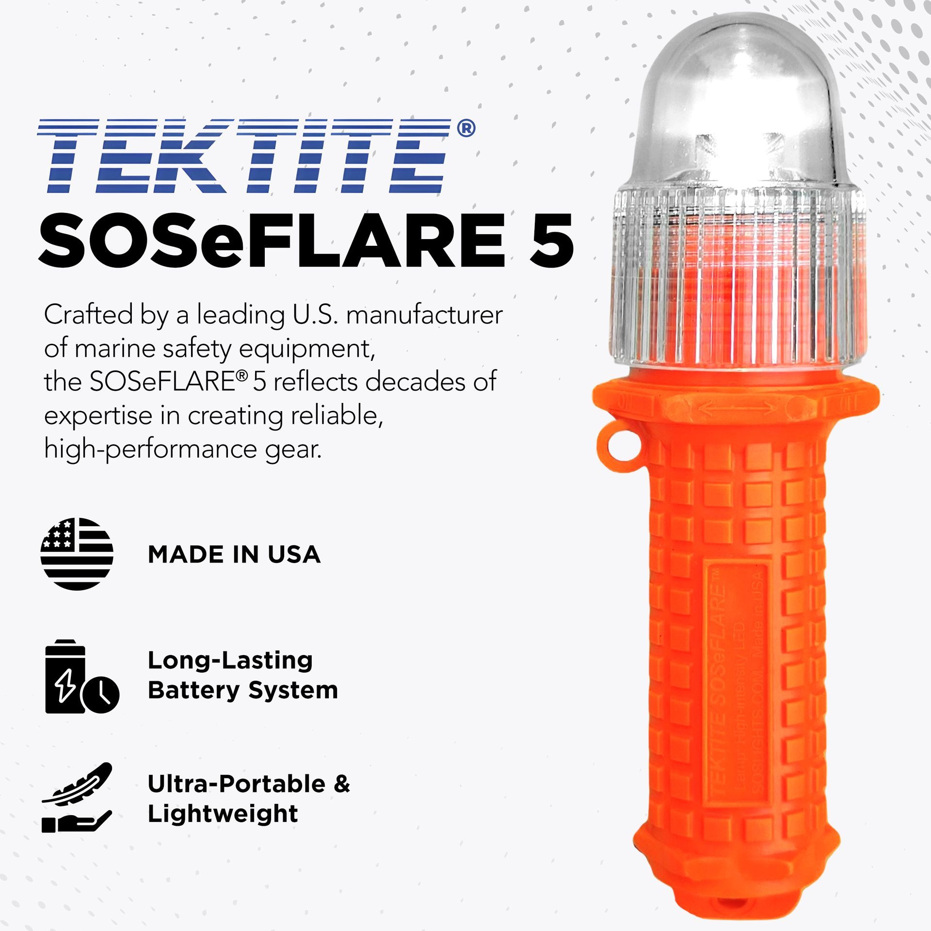 Orange SOS signal flare with clear top; Made in USA, Long-lasting battery, and Lightweight.