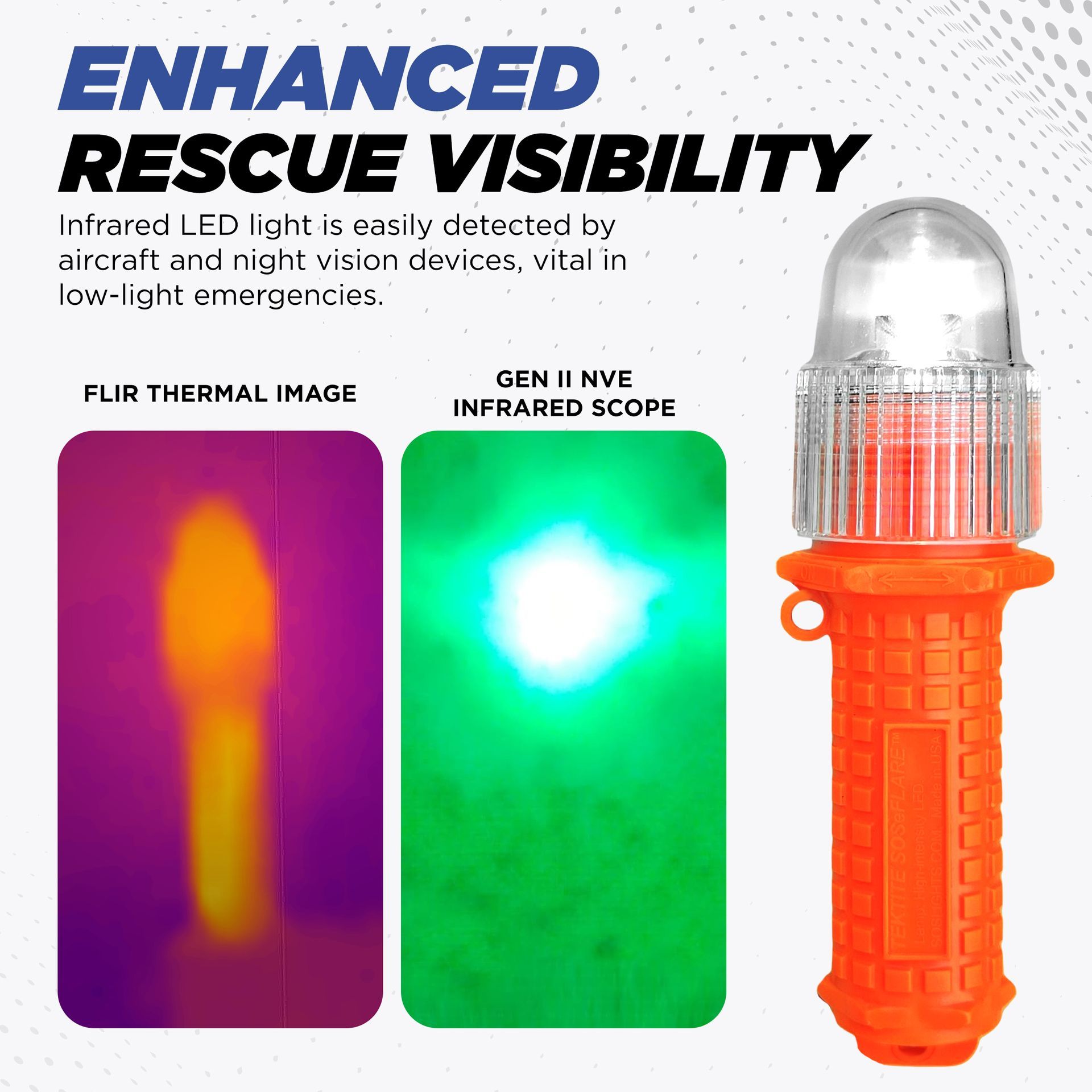 Orange rescue light with thermal and infrared scope detections, advertising enhanced visibility in emergencies.
