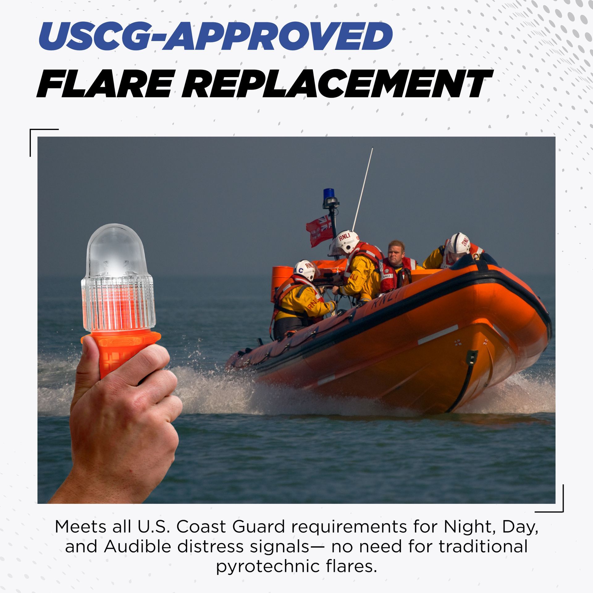 Hand holding a USCG-approved flare replacement; rescue boat on water in the background.