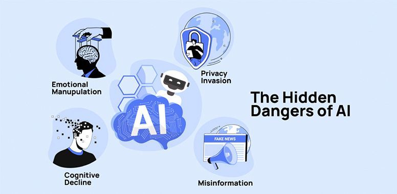 Illustration highlighting hidden dangers of AI: emotional manipulation, cognitive decline, privacy invasion, misinformation.