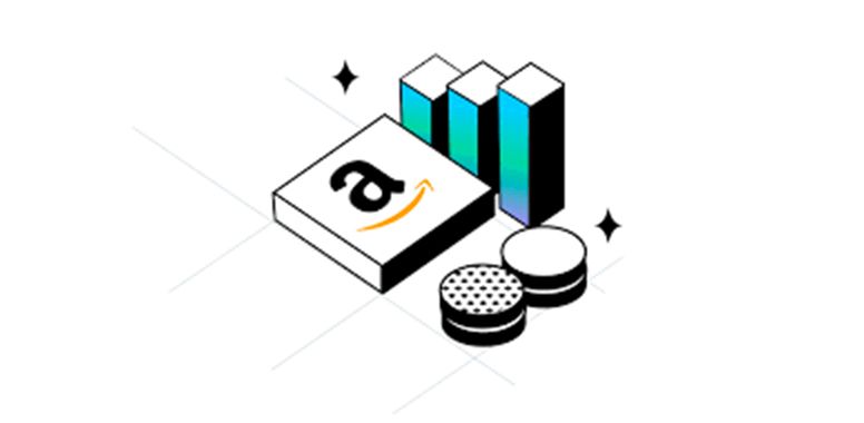 Amazon logo next to bar graph and coins. Black, white, and teal colors on white background.