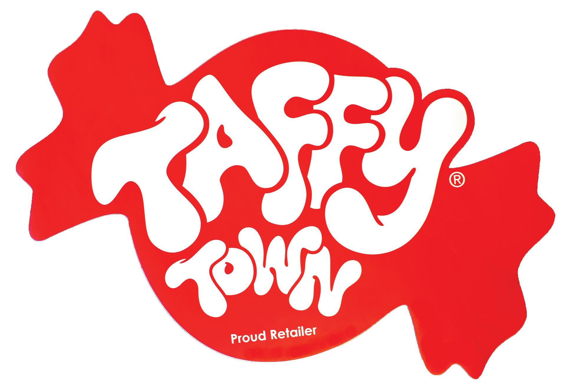 A red and white logo for taffy town