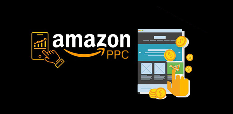 Amazon PPC concept graphic with phone, website, and coins on black background.