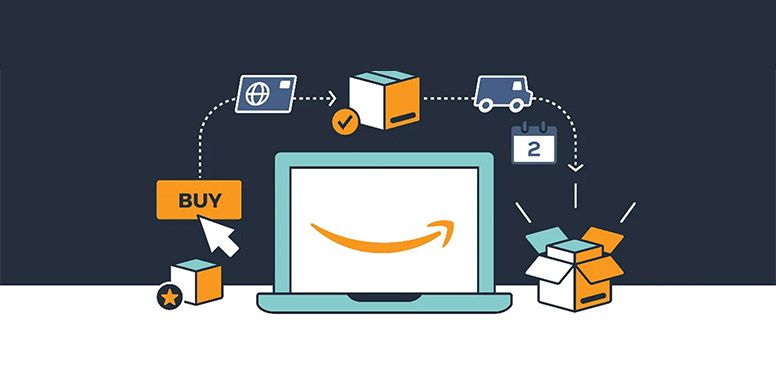 A laptop computer with an amazon logo on the screen.