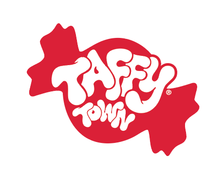 A red and white logo for taffy town