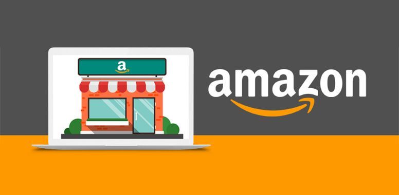 A laptop with a picture of an amazon store on it.