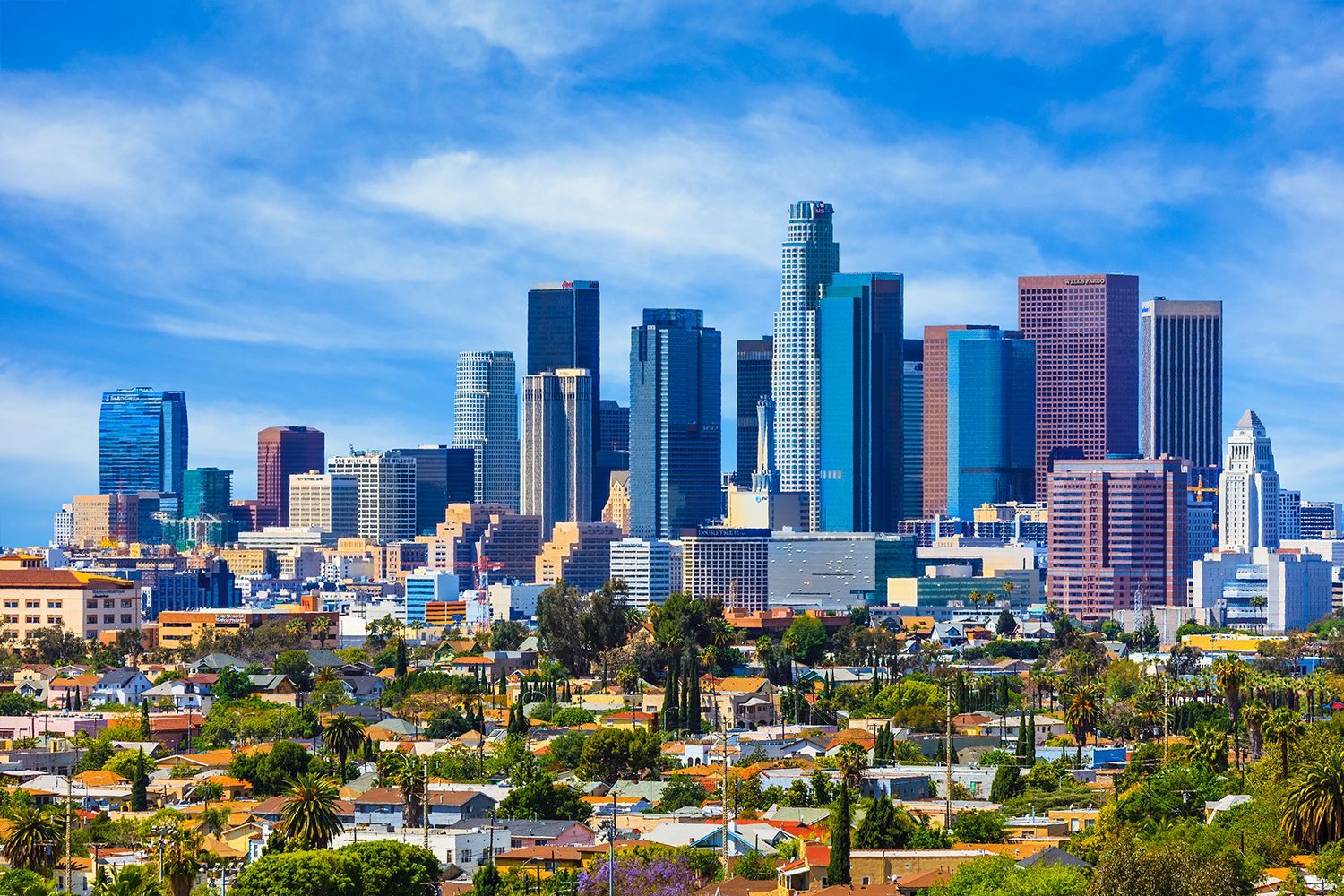 An aerial view of a city skyline with a residential area in the foreground.