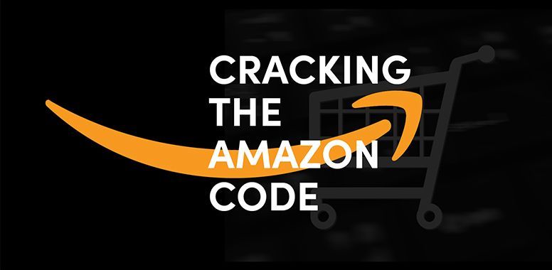 A logo for cracking the amazon code with a shopping cart in the background.