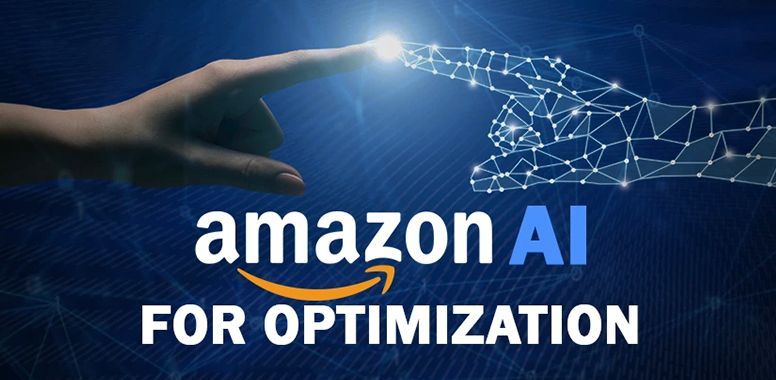 A hand is pointing at a robotic hand with the words amazon ai for optimization.