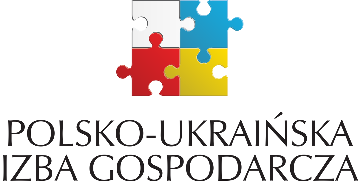 Logo: Polsko-Ukraińska Izba Gospodarcza. Cztery elementy układanki w kolorze czerwonym, żółtym, niebieskim i białym