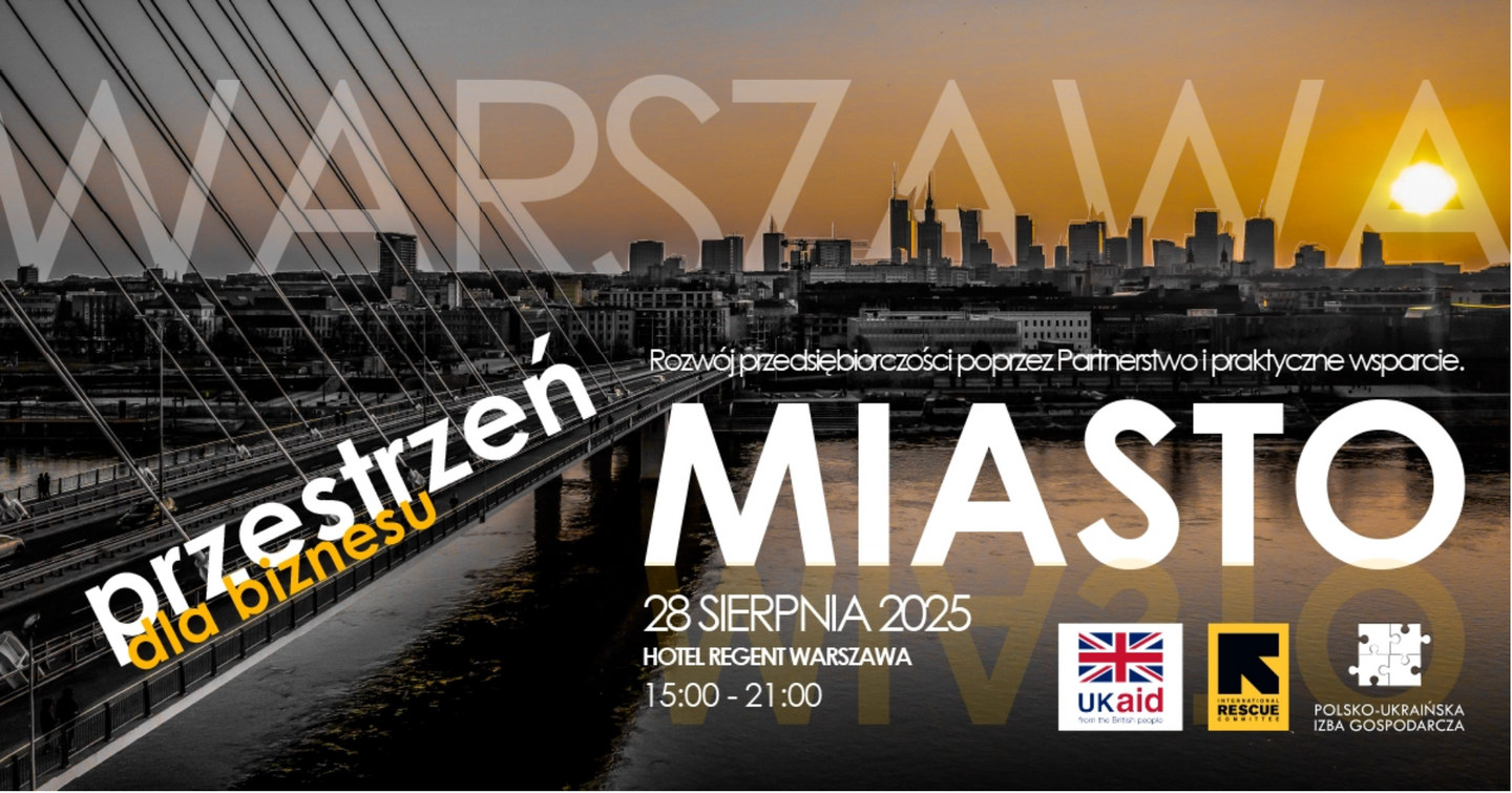 Plakat wydarzenia z panoramą Warszawy: „Business Space City” z mostem, rzeką, zachodem słońca, tekstem w języku polskim.