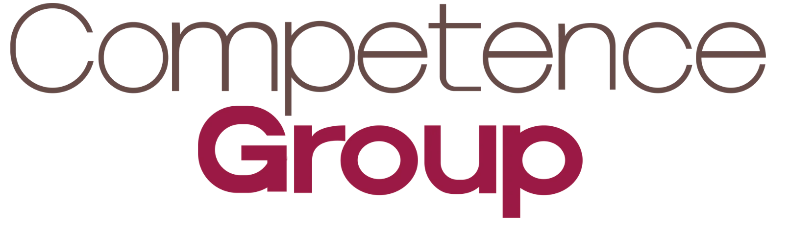 Logo: „Competence Group” w kolorze ciemnobrązowym i bordowym.