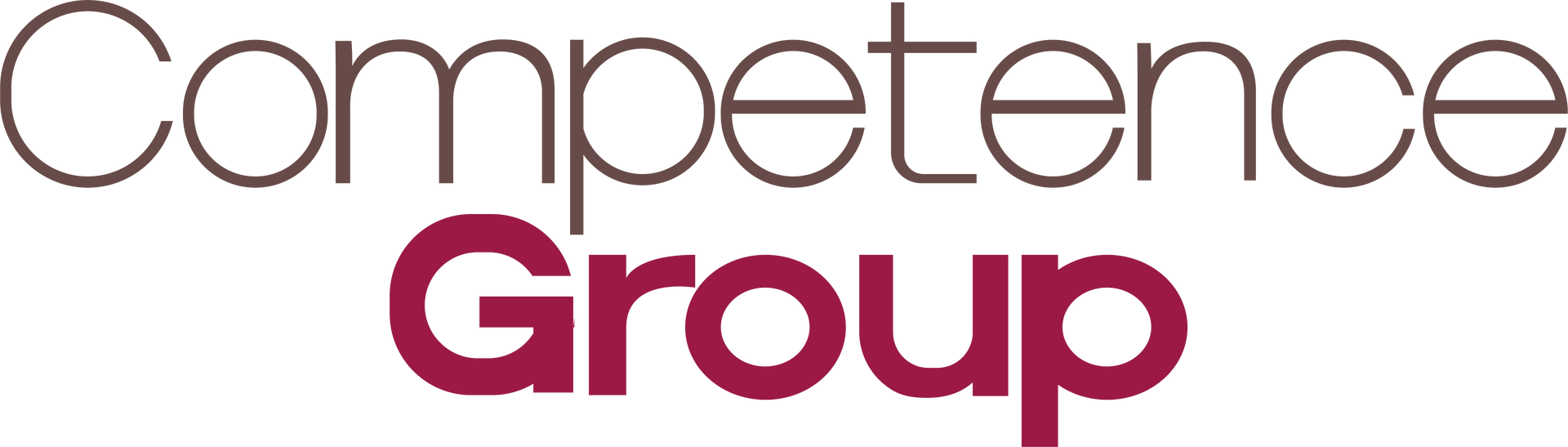 Logo Competence Group z napisem „Group” w kolorze bordowym i napisem „Competence” w ciemnym kolorze.