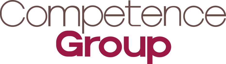 Logo Competence Group: ciemnoszary napis „Competence” nad ciemnoczerwonym napisem „Group”.